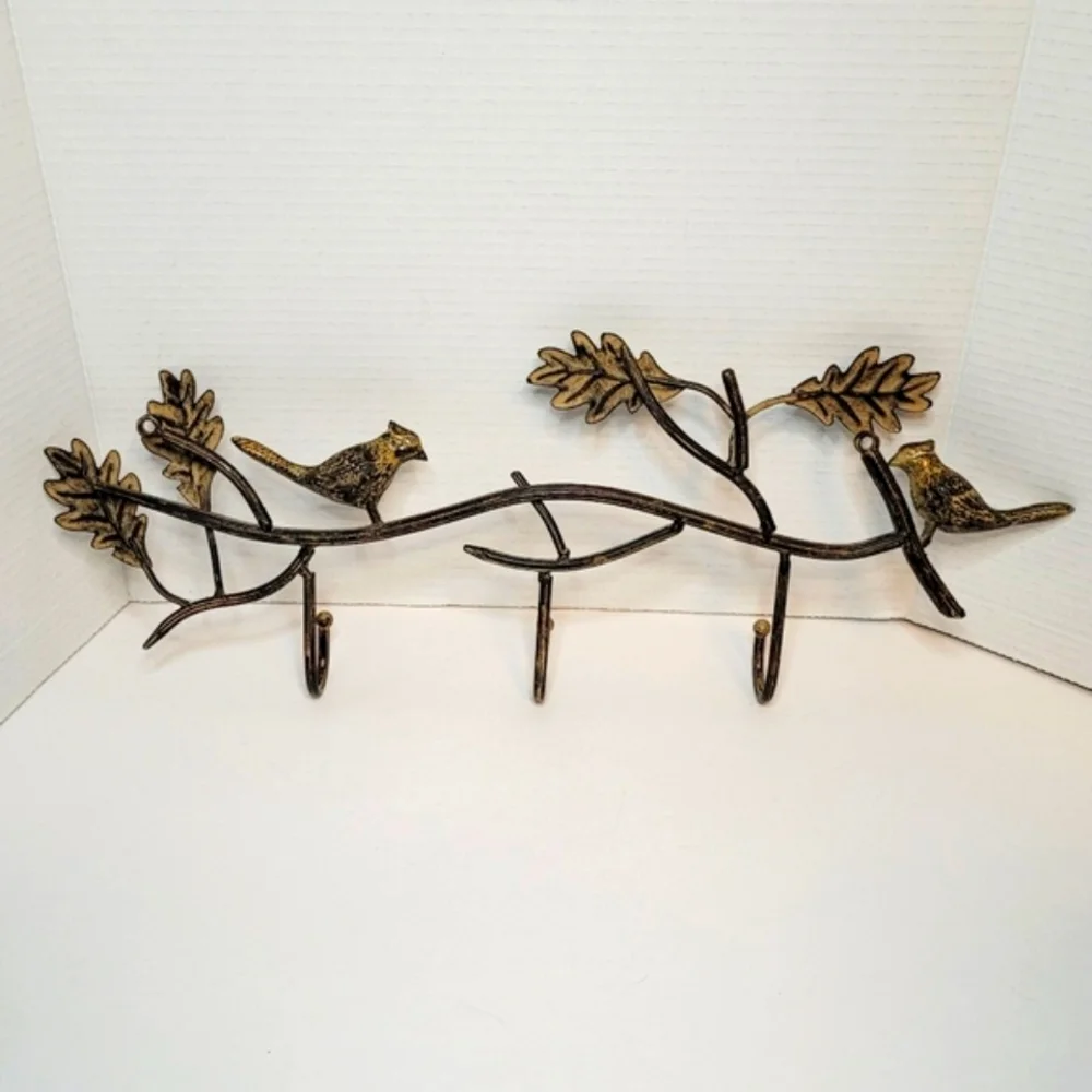 Decorative Birds On A Branch Rustic Metal Functional Wall Decor with Three Hooks